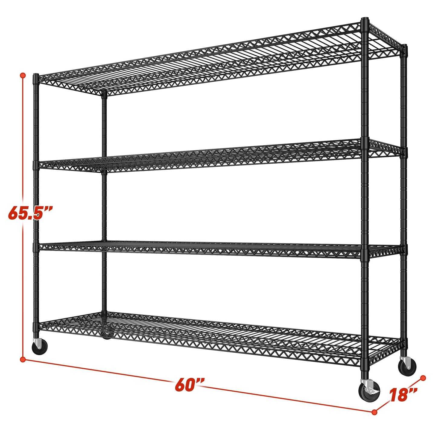 REIBII 60''W Storage Shelves, 4 Tier Steel Wire Shelving Unit on Wheels, 2500LBS Adjustable Metal Shelves for Kitchen, Pantry, Office, Garage, Closet, School Commercial Industrial Use