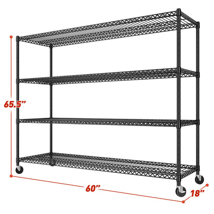 REIBII 60''W Storage Shelves, 4 Tier Steel Wire Shelving Unit on Wheels, 2500LBS Adjustable Metal Shelves for Kitchen, Pantry, Office, Garage, Closet, School Commercial Industrial Use