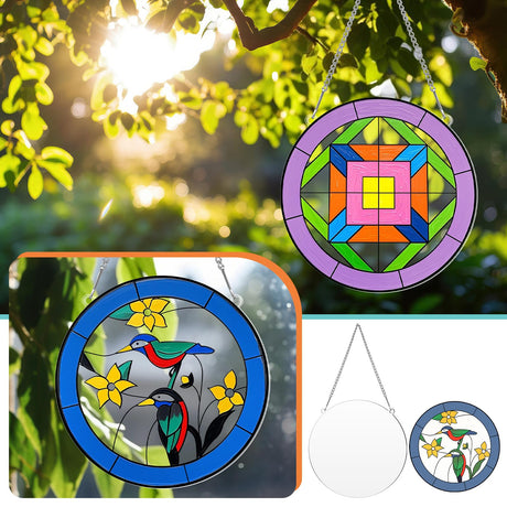 47 Pcs Stained Glass Painting Starter Kit Suncatcher Craft DIY Window Paint Art Including 7 Colors 12 Suncatchers 12 Patterns 12 Chains 4 Tool Set for DIY Project Spring Home Birthday Party Activities Watersay