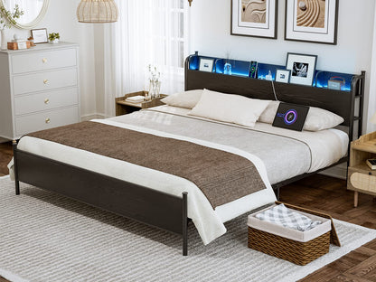 AOVSA Black California King Bed Frame with LED Storage Headboard and Charging Station - WoodArtSupply