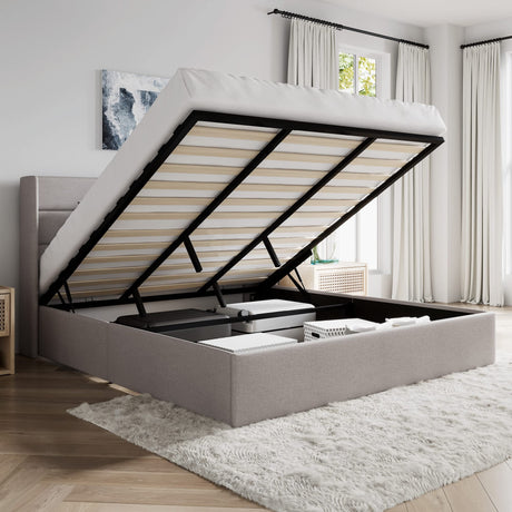 SHA CERLIN King Size Lift Up Storage Bed/Modern Wingback Headboard/Upholstered Platform Bed Frame/Hydraulic Storage/No Box Spring Needed/Wood Slats Support/Light Beige SHA CERLIN