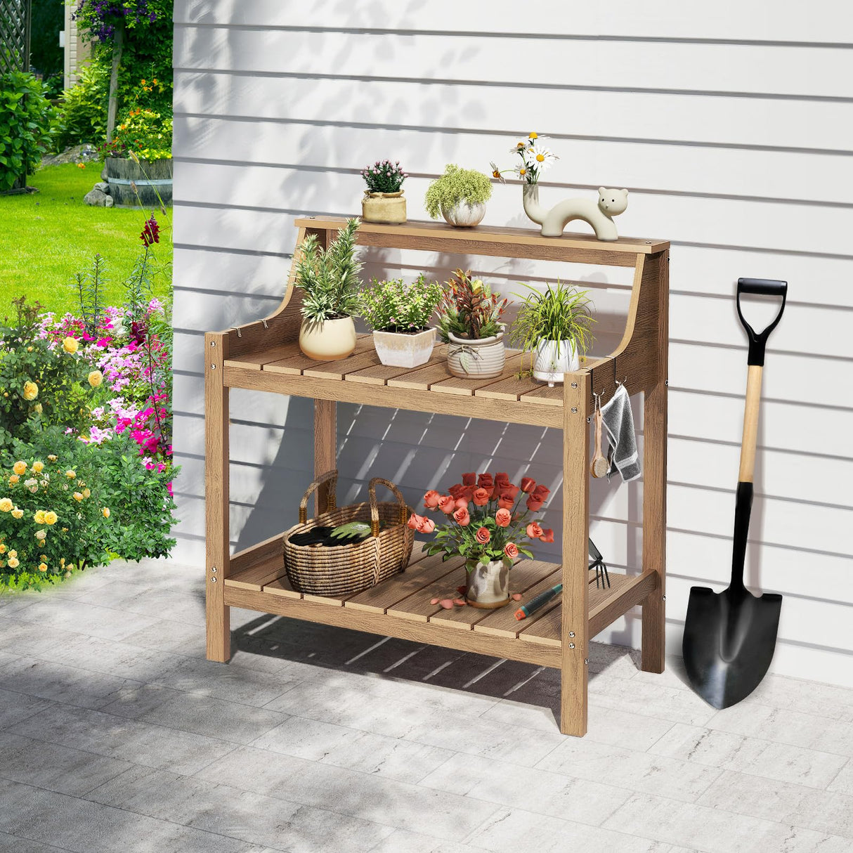 ONBRILL Potting Bench Table, HDPS Potting Bench with 4 Side Hooks, All-Weather Garden Table Work Station, Outdoor Potting Table for Porch, No Rust, No Fade, No Break, 360lbs Capacity (Teak, Large) ONBRILL
