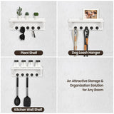 Lwenki Wall Key Holder with Shelf, Rustic Shelf with Hooks Made of Paulownia Wood Holds Keys, Dog Leash, Bags and More - 13.7" W x 4.7" H x 3.5" D Decorative Key Hanger and Entryway Shelf (White) Lwenki