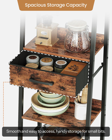 CHOEZON 5 Tier Ladder Shelf with Drawer, Tall Narrow Bookshelf with Storage, Industrial Ladder Bookshelf, Tall Corner Shelves for Living Room, Bedroom, Balcony, Rustic Brown and Black TCJ07BF CHOEZON