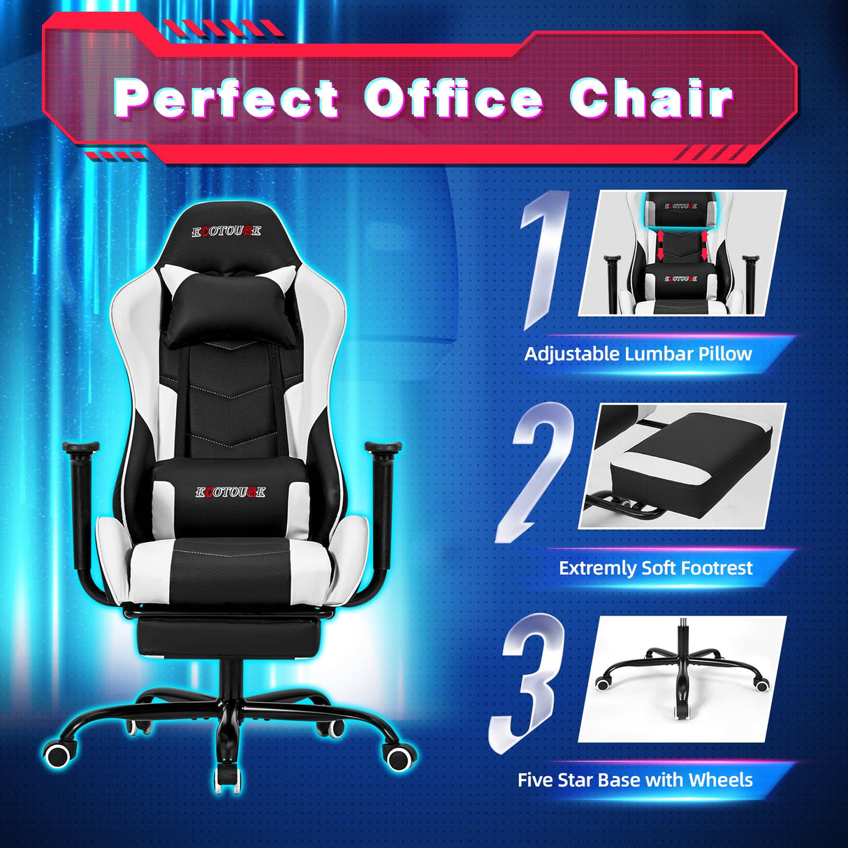 ECOTOUGE PC Massage Gaming Chair with Footrest Ergonomic Office Desk Chair Racing PU Leather Recliner Swivel Rocker with Headrest and Lumbar Pillow,White ECOTOUGE