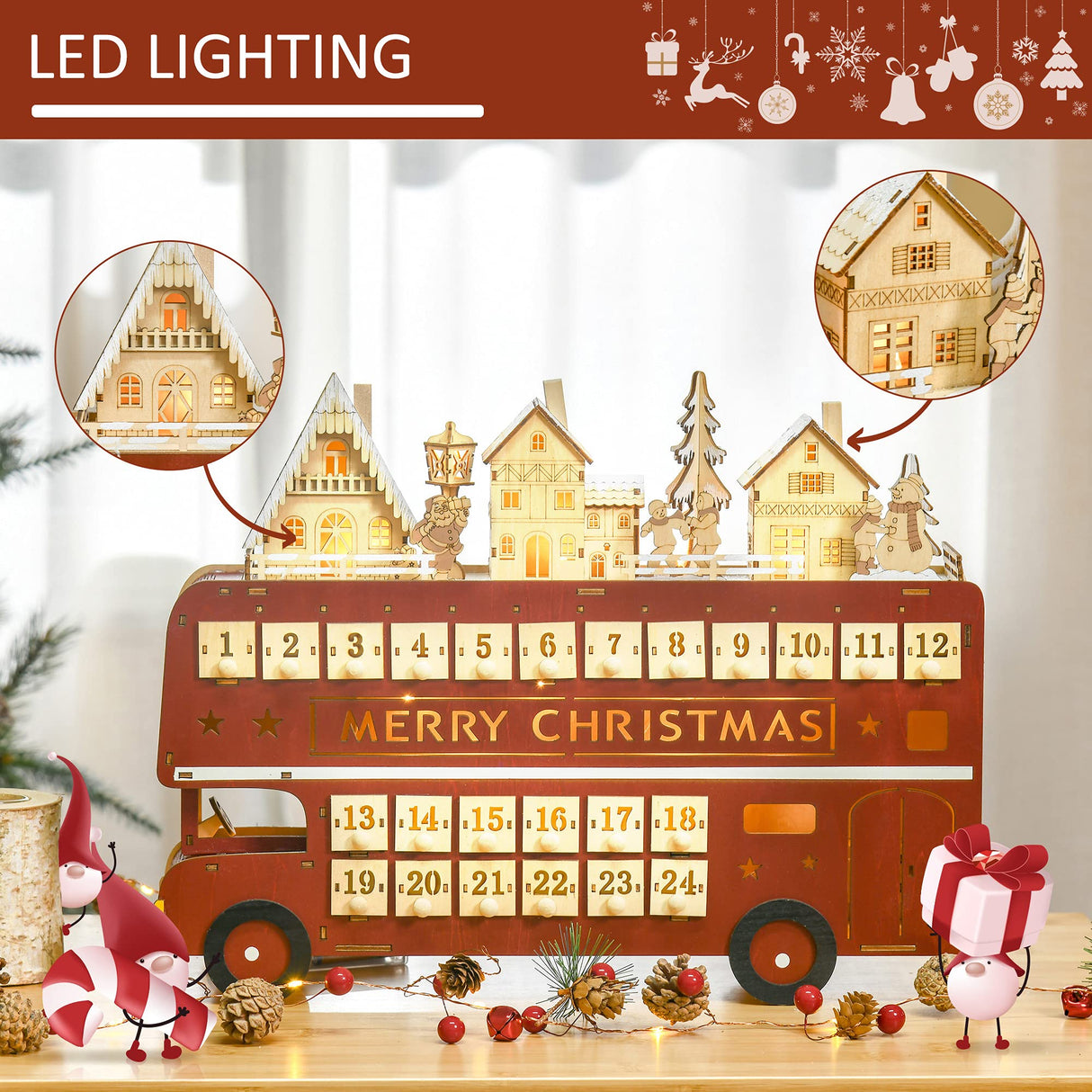 HOMCOM Christmas Advent Calendar, Light Up Table Xmas Wooden Bus Holiday Decoration with Countdown Drawer, Santa Claus Street House, for Kids and Adults HOMCOM