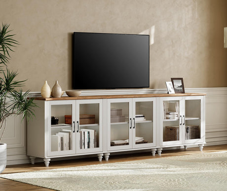 WAMPAT Modern TV Stand for 100 Inch TV, Wood TV Cabinet Entertainment Center for 95/90/85 Inch TV, Large Kitchen Buffet Cabinet with 6 Glass Door for Dining Room & Living Room, White WAMPAT