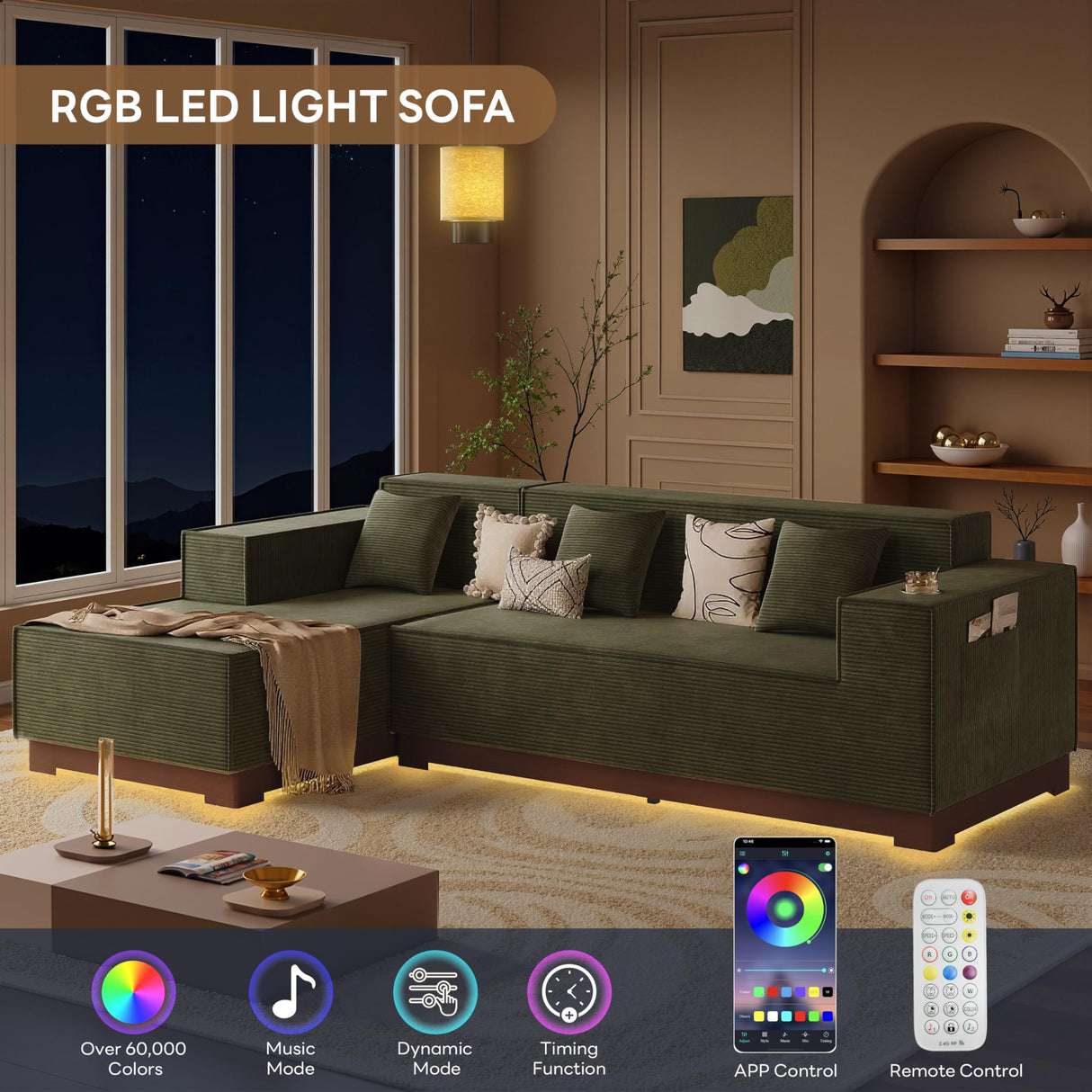 LIKIMIO 110” L-Shaped Sofa with LED Lights, Cloud Boneless Couch with Oversized Chaise, Deep Seat, Built-in Holder & Storage Pocket, Upholstered Couches for Living Room and Apartment, Green LIKIMIO