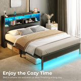 Rolanstar Queen Bed Frame with Headboard, LED Bed with Bookcase Storage and Charging Station, Metal Platform Bed with Glass Shelves, No Box Spring Needed, Noise-Free, Black Rolanstar