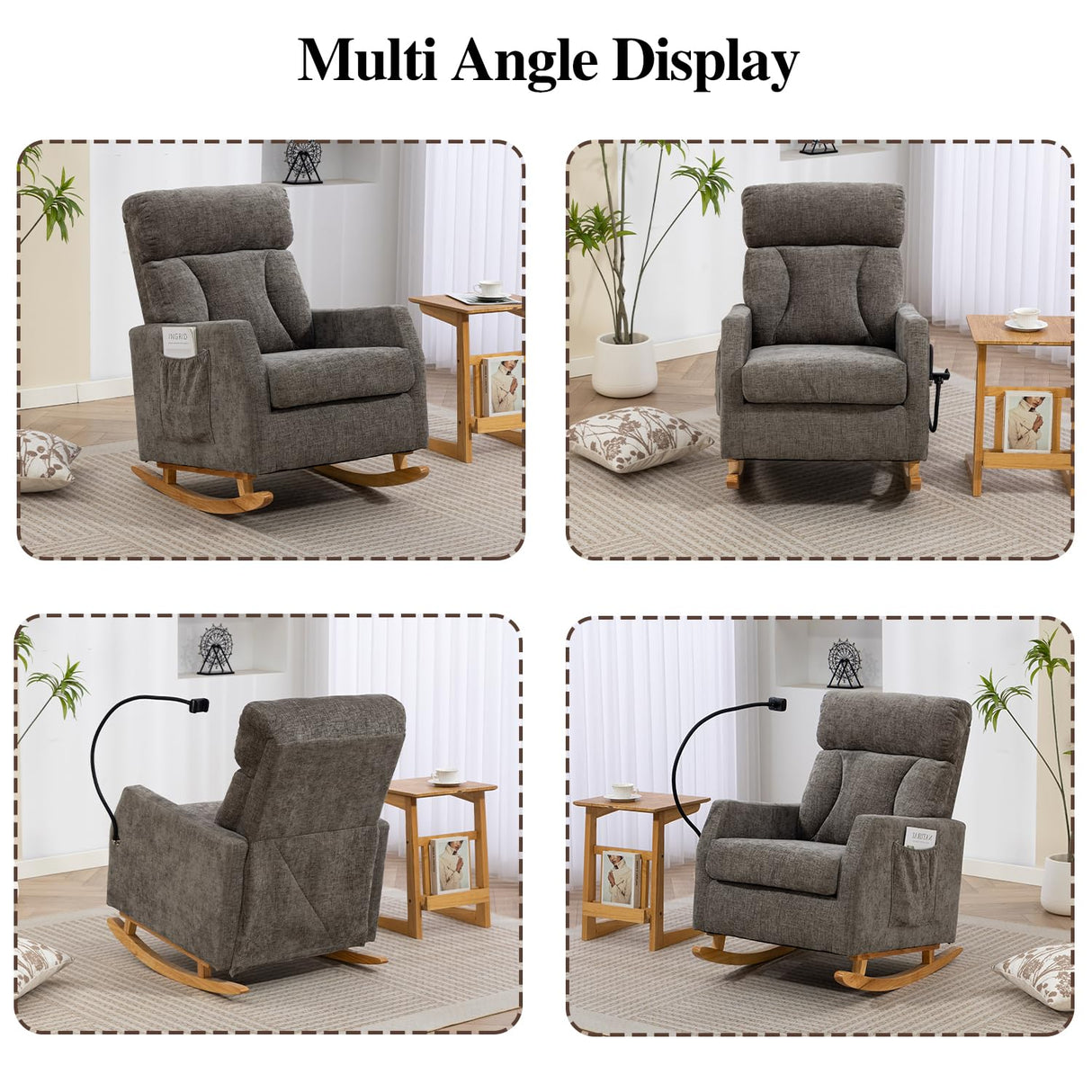 UVV Rocking Chair with Retractable Phone Holder - Modern Glider Recliner Armchair, Wood Legs & Side Pocket, High Back Nursery Accent Chair for Living Room, Bedroom, Gray UVV