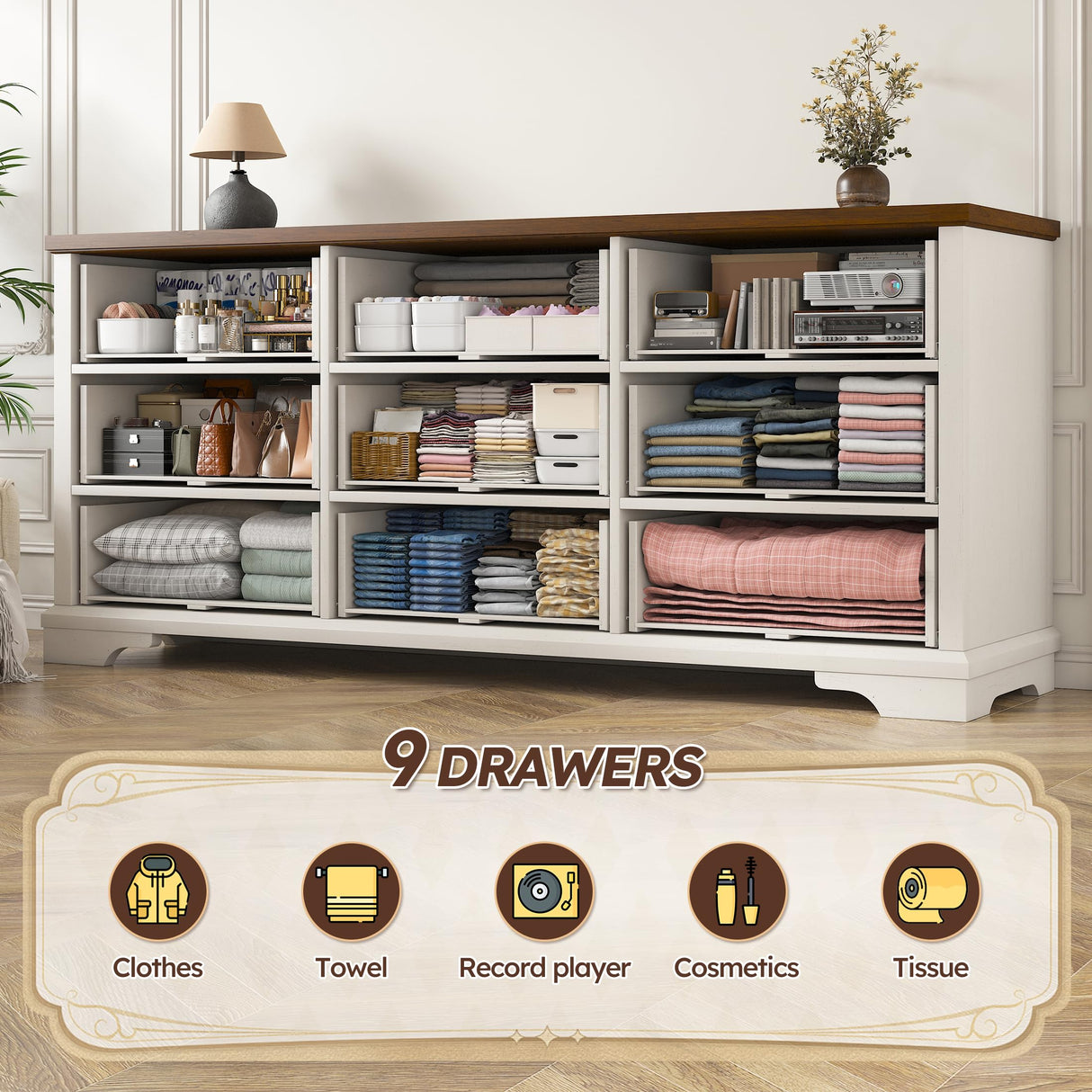 EnHomee 9 Drawers Dresser, 63" W Farmhouse Dressers for Bedroom Dressers with 9 Drawers, Solid Wood Dresser TV Stand with Large Metal Handle, Modern Wood Drawer Organizer for Closet (Antique White) EnHomee