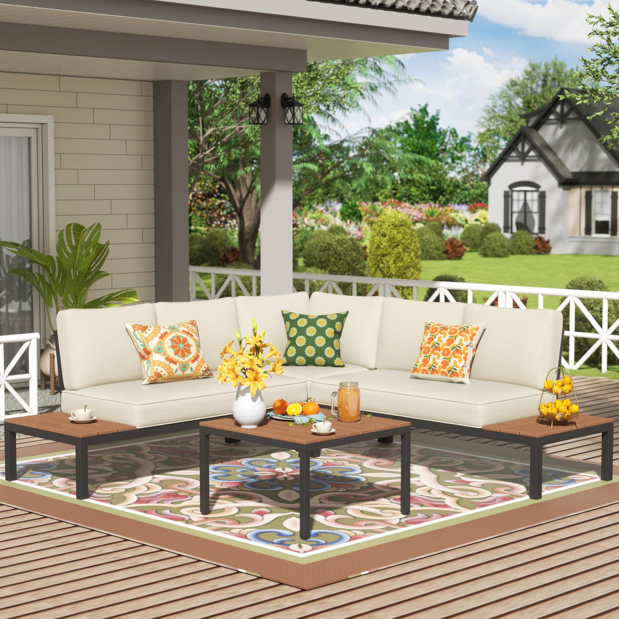 NATURAL EXPRESSIONS Patio Furniture Sets, Metal Outdoor Sectional L Shape Corner Sofa Outdoor Couch with Detachable Backrest,3 Fauxwood Tables,Black Frame,Beige Olefin Cushions for Yard,Garden NATURAL EXPRESSIONS