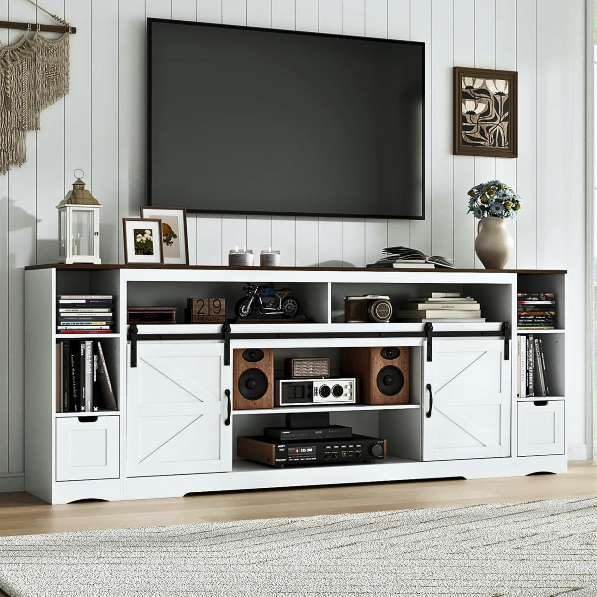 Loomie Farmhouse 3 in 1 TV Stand with Charging Station, 79"W Entertainment Center with 2 Side Cabinets for 85" TV,Media Console Table with Adjustable Shelves & Sliding Barn Door for Living Room(White) Loomie