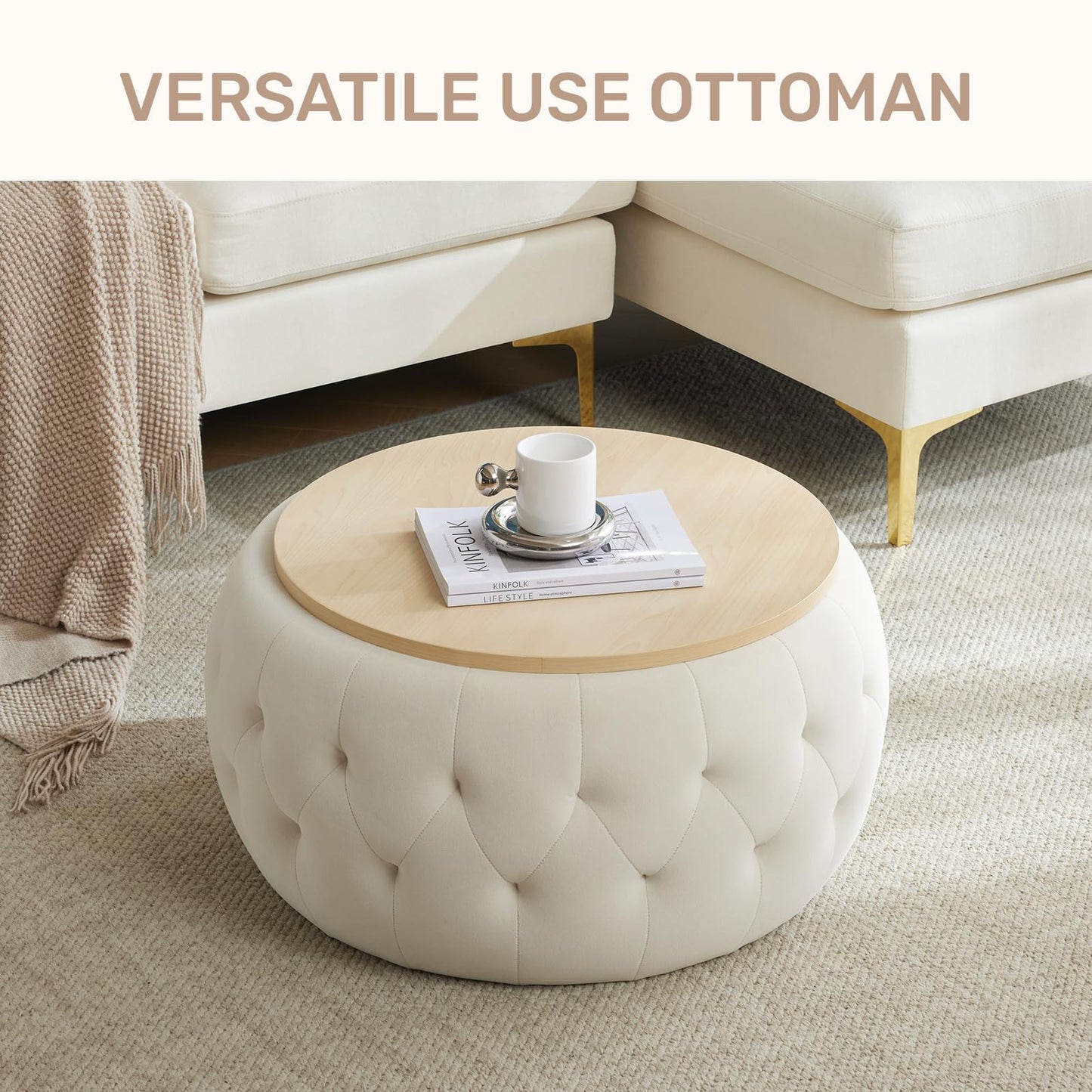 IWMH Round Storage Ottoman Coffee Table, Velvet Large Ottoman with Wooden Lid, Tufted Footstool Bench Circle for Living Room Bedroom (Beige)