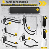 YZSFMZGE 64" Garage Tool Organizer Wall Mount, 850lbs Garden Tool Organizer with 12 Adjustable Hooks, Heavy Duty Garage Tool Storage Rack for Yard, Shed (4 Racks, 12 Hooks, 4 Straps) YZSFMZGE