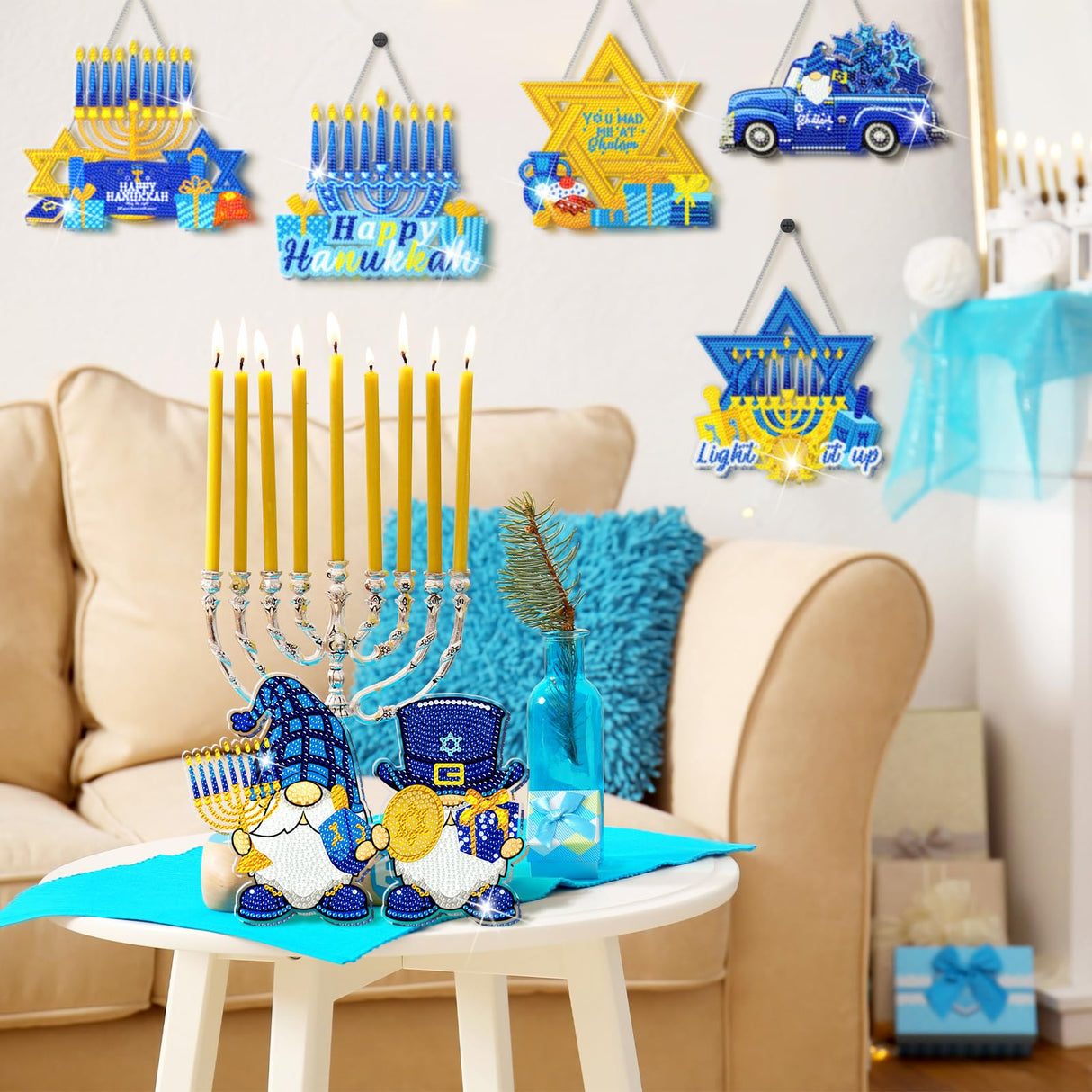 Zonon 6 Pcs Hanukkah Diamond Art Painting Hanging Sign Set Hanukkah Star Diamond Art Adults 5d DIY Craft Acrylic Pendant Ornaments Kits for Home Wall Door Window Decor Zonon