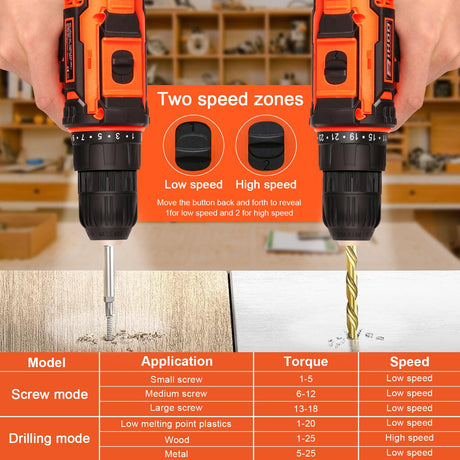 12v Drill Driver Set,Cordless Drill with Battery and Charger,LED Tools Kit,25+1 Torque Setting and 43pcs Bits BIHOO