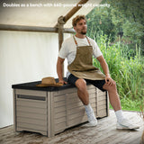 DWVO Large Deck Box 120 Gallon Waterproof Outdoor Storage Box, Extra Large Outdoor Storage Bin, Resin Louvered Patio Storage for Outdoor Pillows, Garden Tools & Pool Supplies, Lockable, Black&Brown DWVO