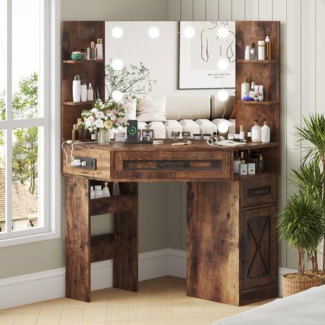 Maupvit Makeup Vanity Desk, Corner Vanity Desk with Mirror and Lights, Farmhouse Vanity Table with 10 Bulbs&4 Charging Stations, Makeup Desk with 3 Drawers&Cabinet, 3 Lighting Modes Adjustable, Brown Maupvit