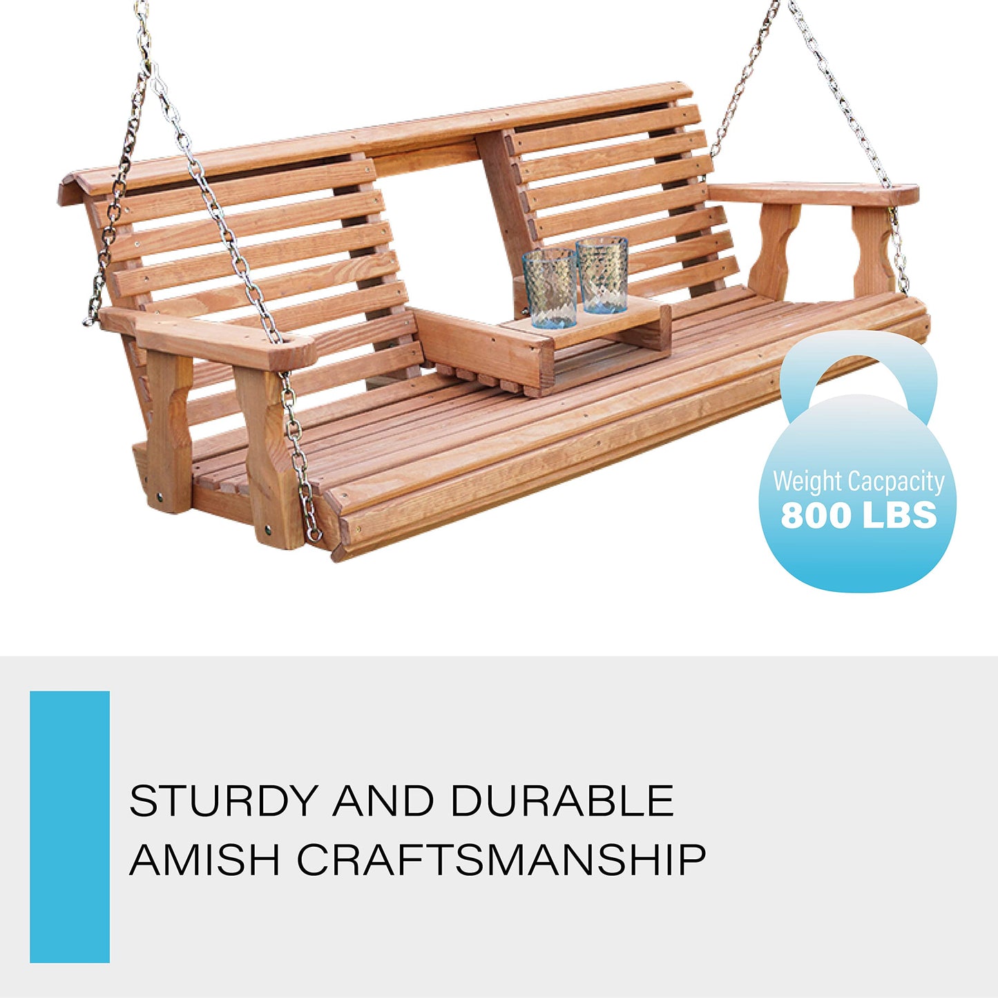 Porchgate Amish Heavy Duty 800 Lb Rollback Console Treated Porch Swing with Hanging Chains (Cedar Stain) - WoodArtSupply