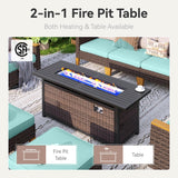 GREEN PARTY 7 Pieces Wicker Patio Furniture Set with 56" Fire Pit Table, All-Weather Outdoor Rattan Patio Half-Moon Curved Sectional Sofa Conversation Set with 4" Thick Cushions for Backyard (Blue) GREEN PARTY