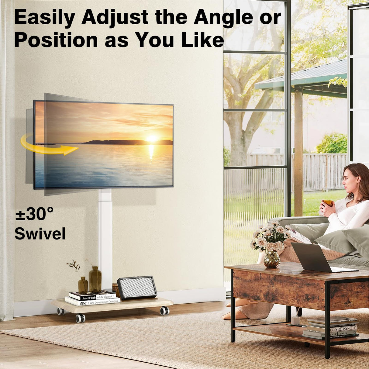 TVON Rolling TV Stand for 32 to 65 70 Inch TVs, Elegant Floor TV Stand with Wheels, Mobile TV Stand with 9 Levels of Height Adjustment for Optimal Viewing, White TV Stands for Living Room, Outdoor TVON