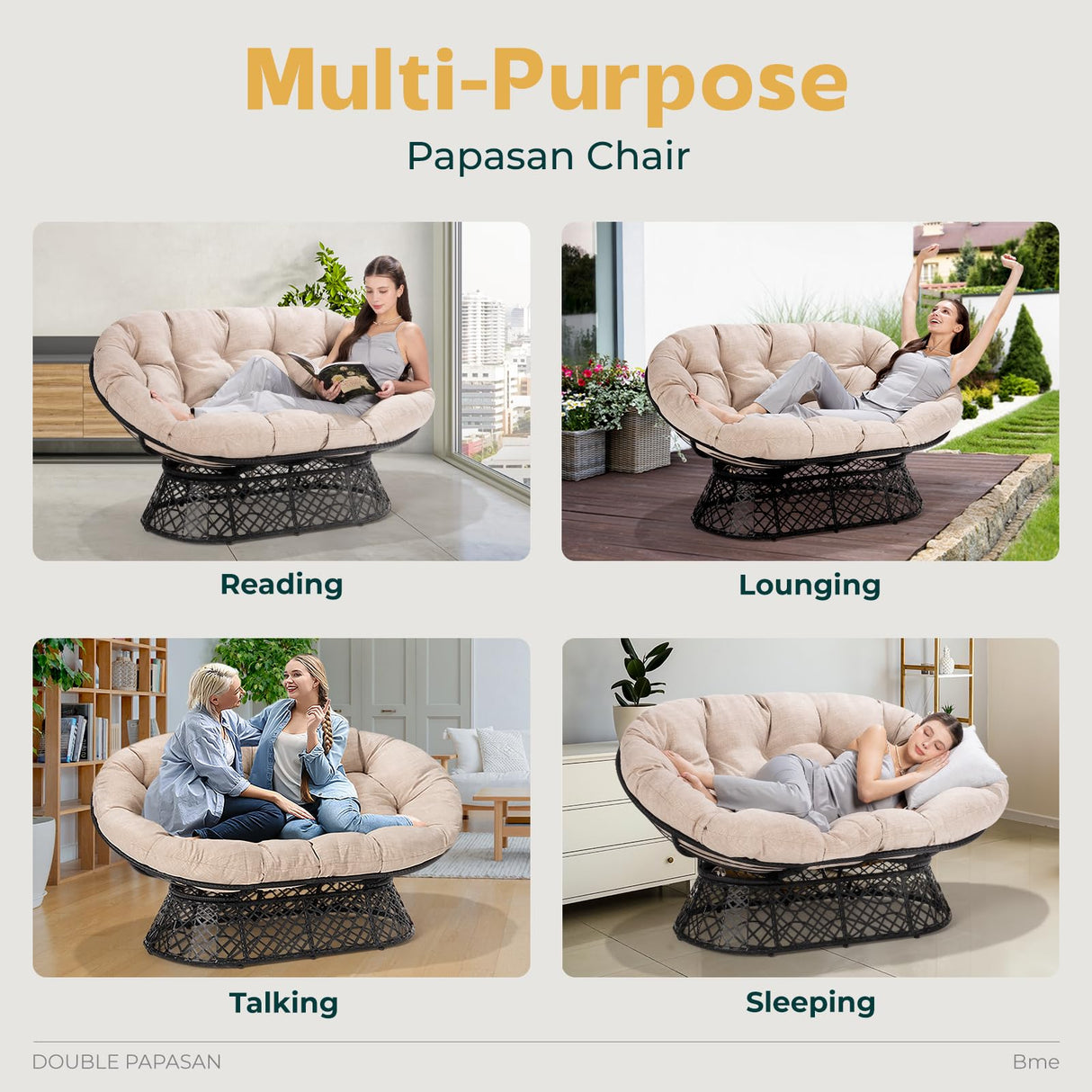 Bme 61" Double Papasan Chair with 600lbs Capacity, Ergonomic Design, Soft Thick Fabric Cushion, High Capacity Steel Frame for Any Room, Beige - Black Frame Bme