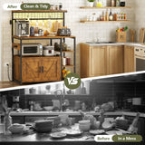 TVU Bakers Rack with Power Outlet and LED Light, Microwave Stand with Storage Cabinet, Coffee Bar Cabinet Station with 6 Hooks for Kitchen, Dining Room, Living Room, Coffee Bar, Rustic Brown TVU