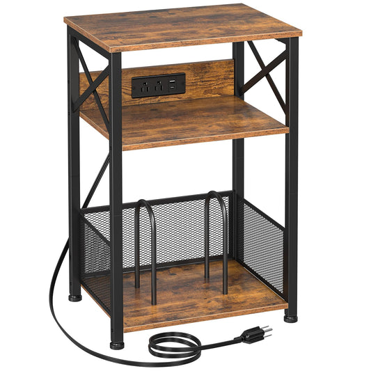 AMHANCIBLE Record Player Stand with Charging Station, Turntable Stand with Storage Cabinet, 3 Tier End Table Hold Up to 200 Albums, Record Stand for Vinyl, Living Room, Rustic Brown, HETCD01B - WoodArtSupply