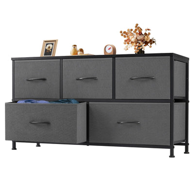 Dresser for Bedroom with 5 Drawers, Anti-Tip Wide Fabric Chests Storage Organizer Tower Furniture, TV Stand for TV up to 45 inch with Wooden Top Metal Frame for Clothes, Living Room, Hallway, Entryway