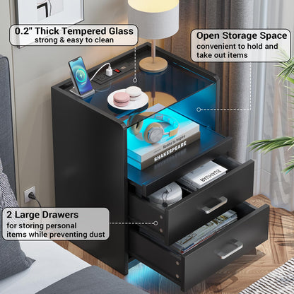 AOGLLATI LED Nightstand with Charging Station, Night Stand with Pull-Out Tray, 2 Drawers, Bedside Table with LED Lights, Modern End Table with USB Ports Outlets, Black - WoodArtSupply