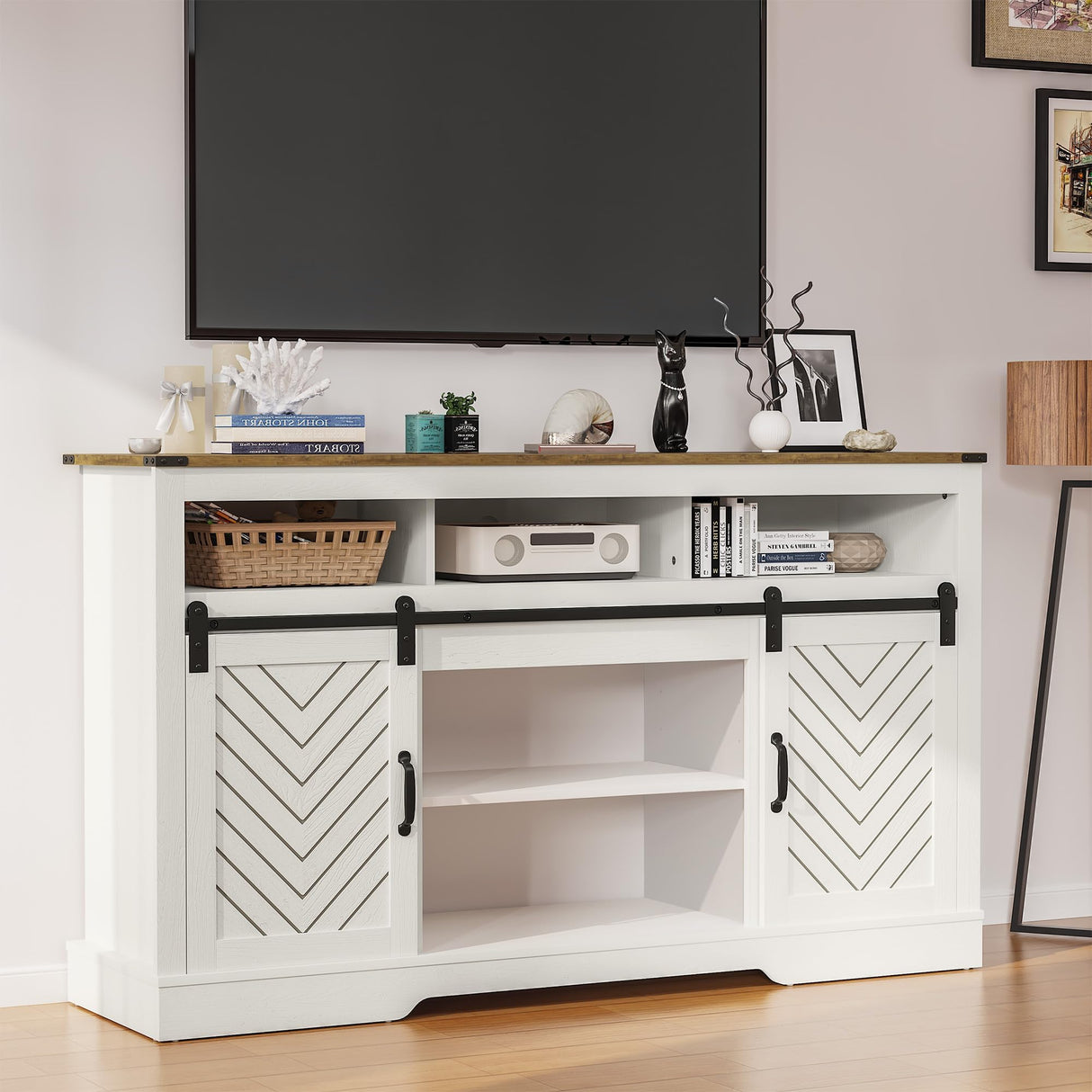 RoyalCraft Farmhouse TV Stand for 23" Electric Fireplace, Tall Entertainment Center for 65+ Inch TV, 34" Tall Rustic TV Console with Sliding Bar Door for Living Room (Wood-Tone and White) RoyalCraft