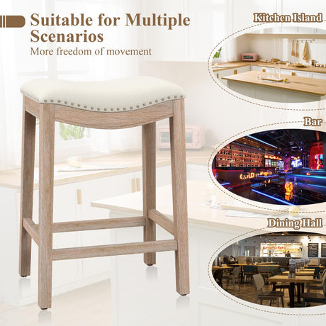 ABET Bar Stools Counter Height Chair Set of 3, 27" Backless Farmhouse Barstools with Wood Leg & Built-in Footrest, Nailhead Saddle Seat, Upholstered Linen Kitchen Island Chairs, Beige ABET
