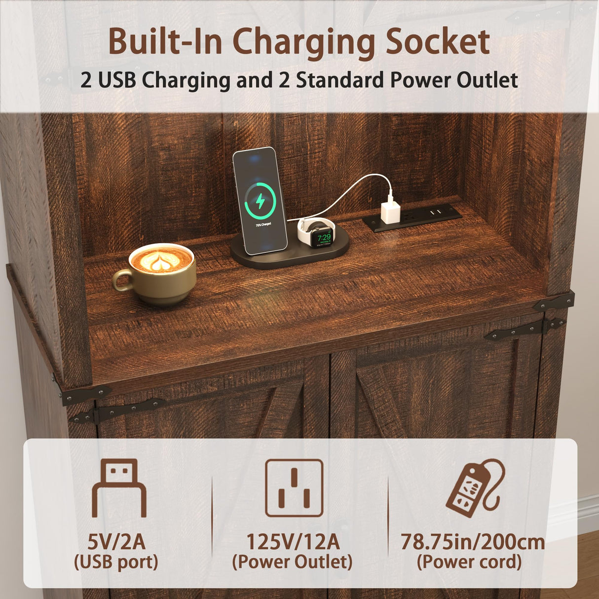 72" Tall Farmhouse Kitchen Pantry Cabinet with LED Light and Power Outlet,Modern Farmhouse Kitchen Storage Cabinet w Load-Bearing Steel Pipe,Barn Doors, Organizer,Food Pantry Cabinets(Rustic Brown) chartustriable