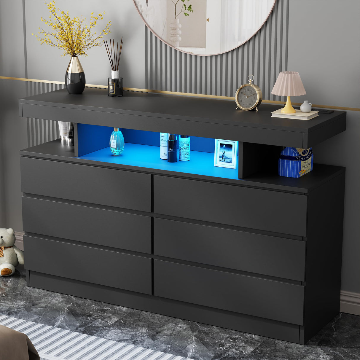 BEWISHOME Black Dresser for Bedroom with Charging Station and LED Lights, 6 Drawer Dresser Chests of Drawers, Wood Dressers for Closet, Modern Wide Dressers with Open Space, TV Stand, Black KCG02B BEWISHOME