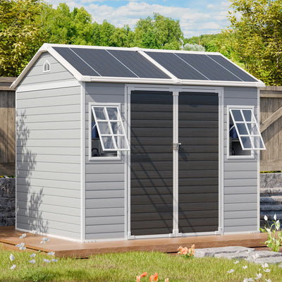 8x6 FT Resin Storage Sheds with Floor and Adjustable Openable Windows, Large Waterproof Garden Sheds with Base, Outside Plastic Sheds with 2 Windows for Backyard Garden Patio Lawn Tools Storage, Gray