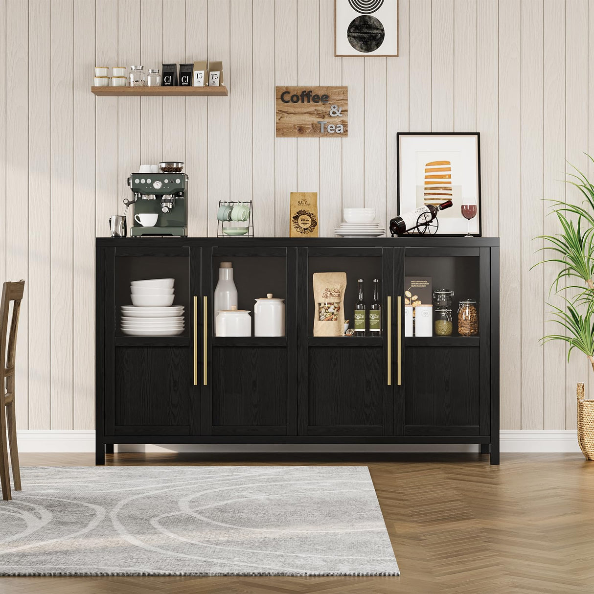 GarveeHome Sideboard Buffet Cabinet with 4 Glass Doors, 55" Large Buffet Cabinet with Storage, Modern Farmhouse Storage Cabinet Table for Kitchen Dining Room, Living Room(Glass with 4 Door, Black) GarveeHome