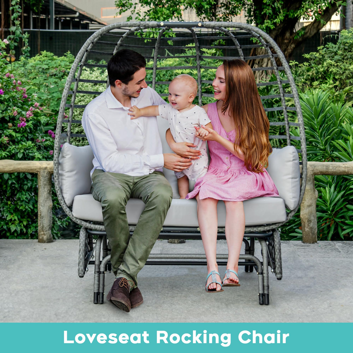 Outdoor Double Egg Chair Patio Chairs - 500lbs Capacity for 2 Person, Oversized Wicker Rocking Glider Chair with Steel Stand, Hand-Woven Lounge Chair Nest Loveseat for Indoor, Porch, Backyard, Balcony Brafab