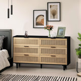 NTYUNRR 51.18" Black Rattan Dresser, 6 Drawer Double Dresser for Bedroom, Wooden Dresser Chest of Drawers, Modern Large Closet Boho Dressers Storage Cabinet, for Living Room Hallway Entryway, M NTYUNRR