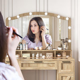 usikey Farmhouse Vanity Desk with Large Lighted Mirror and 10 Lights, 43.3" Glass Tabletop Makeup Vanity with 3 Drawers, Large Vanity Tabel Set with Long Storage Shelf, 2 Cabinets and Stool, Maple usikey