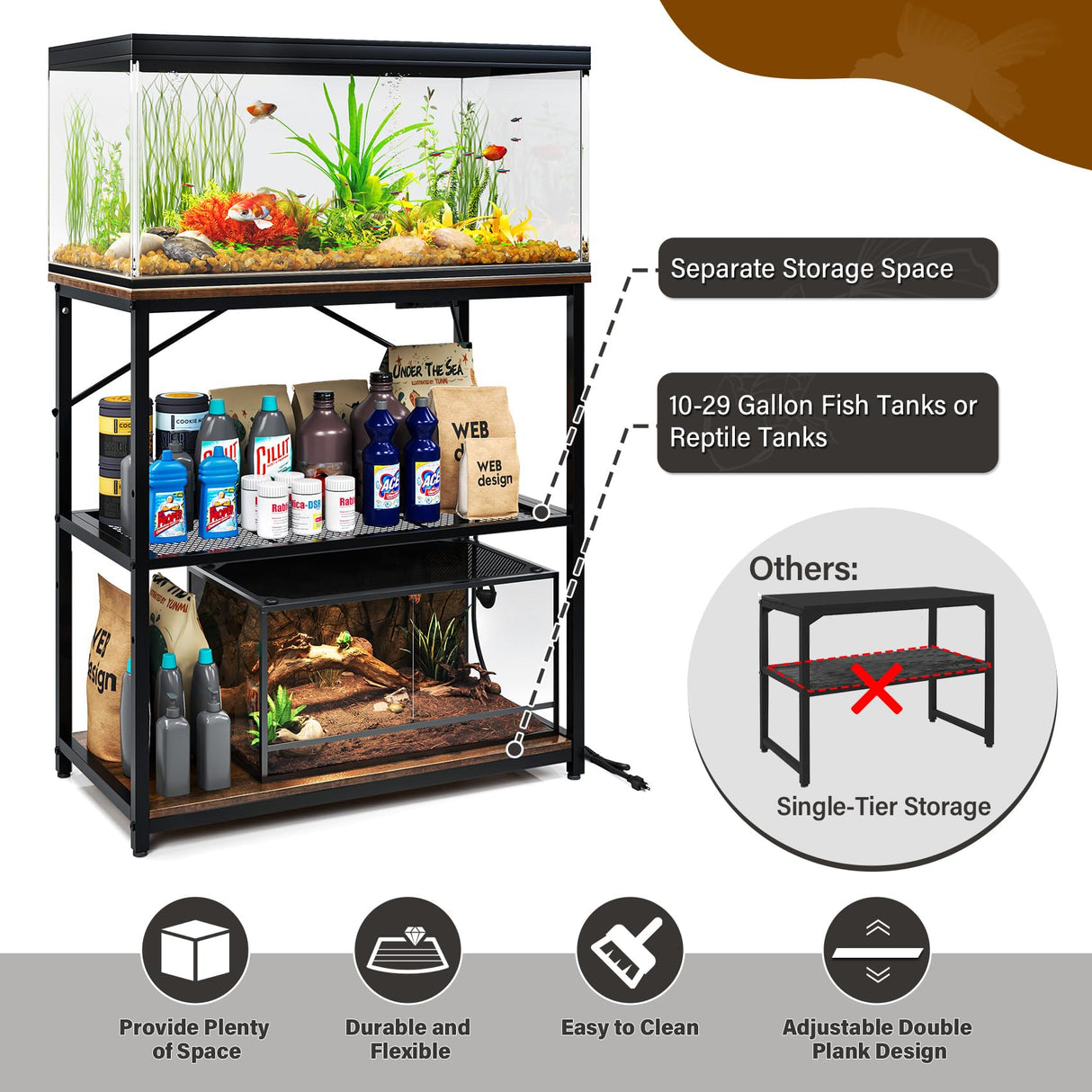 TC-HOMENY Fish Tank Stand 10-30 Gallon, Aquarium Stand with Charging Station,1000LB Capacity ,31" L x 16" W Metal Reptile Tank Stand, Double Storage Design Adjustable Boards, Brown(Tank not Included) TC-HOMENY