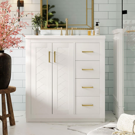 Virubi 30 Inch Bathroom Vanity with Ceramic Sink, Traditional Bathroom Storage Cabinet with 3 Drawers and 2 Chevron Front Doors, Solid Wood Frame Bathroom Vanities Virubi