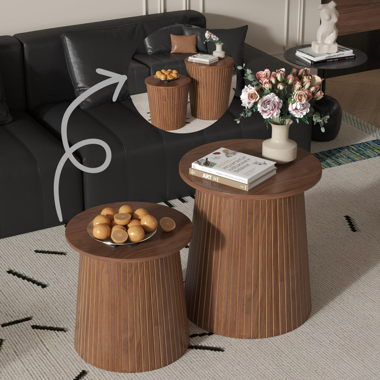 Nesting Coffee Table Set of 2, Round End Table with Storage, Farmhouse Side Table with Removable Wood Tops and Wood Basket Bases for Blanket Storage, Modern Coffee Table for Living Room (Walnut) Lisicues