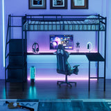 Linique Full Size Gaming Loft Bed with L-Shaped Desk, LED and Charging Station, Metal Loft Bed with Wardrobe and 2 Fabric Drawers for Kids, Teens, Adults, Black Linique