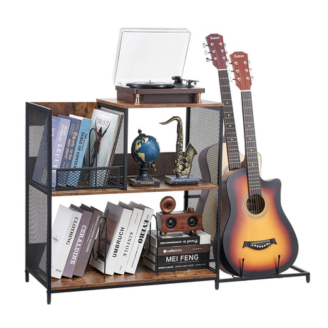VEVOR 3-Tier Record Player Stand with Guitar Holder, Turntable Stand with Storage Holds Up to 300 Albums, Vinyl Record Cabinet with Metal Mesh Frame for Living Room, Bedroom, Black VEVOR