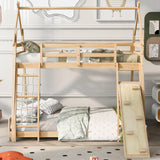 Merax Twin Over Queen Solid Wood Bunk Bed with Climbing Ramp and Nets for Kids and Teens - Natural Finish Merax