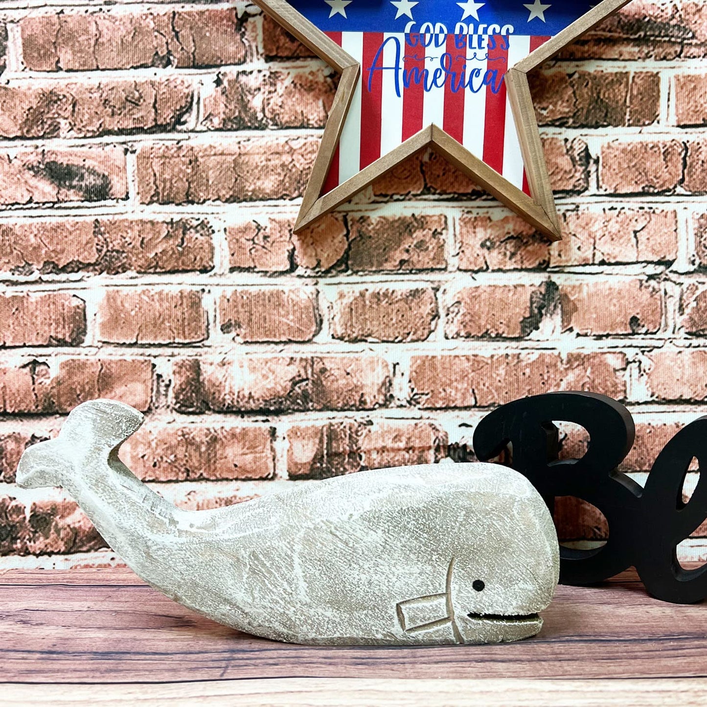 GAPLUM Rustic Wooden Carved Whale Tabletop Statue, Rustic Wooden Decorative Whale Figurine Carving Sculpture, Wooden Whale Nautical Ocean Beach Coastal Themed Home Decor-12''L