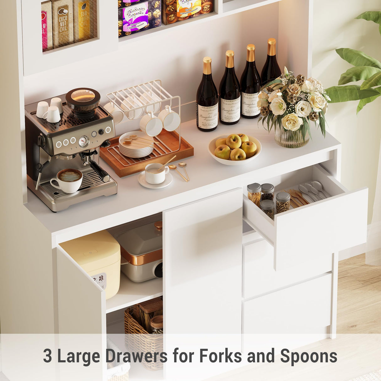 EcoSummer 71" Pantry Cabinet with LED Lights & Charging Station, Kitchen Storage Hutch with Adjustable Glass Door Shelves, Microwave Stand, Modern Cabinet for Home, Dining Room, or Compact Kitchen EcoSummer