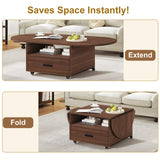 IBF Foldable Coffee Table with Drawer, Wood Living Room Table with Storage, Multifunctional Oval Center Table with Wheels, Extendable Rolling Tea Table for Living Room Home Office, Walnut, 47 Inch IBF