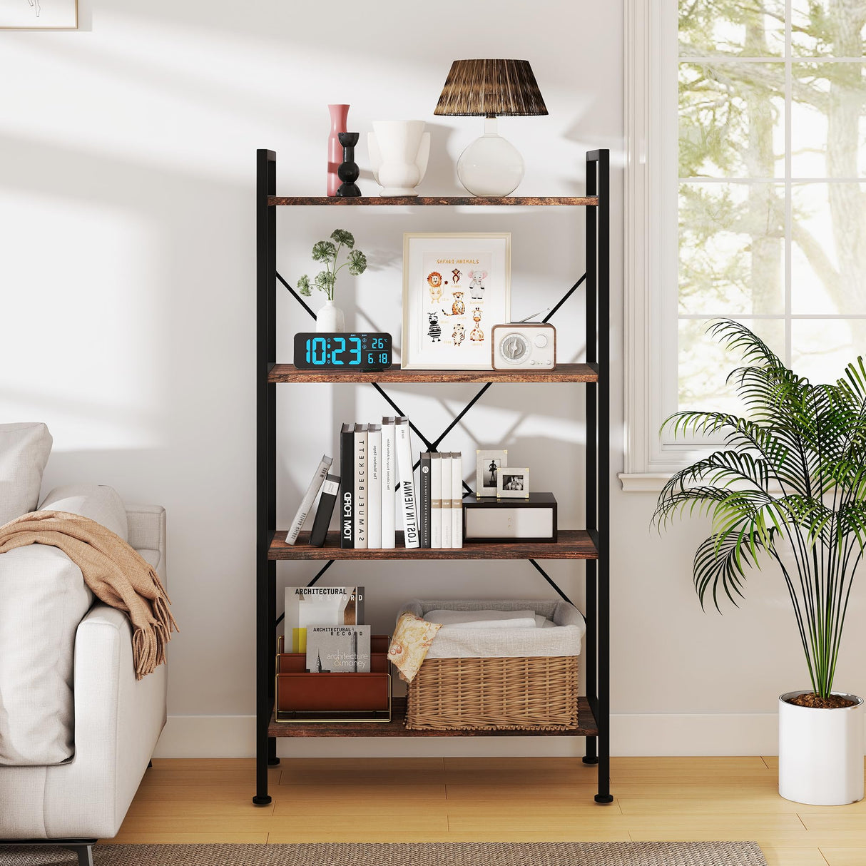 Skandiquip Bookshelf, 4 Tier Industrial Bookcase Storage Organizer, Display Shelves for Books/CDs, Bedroom Living Room Home Office, Rustic Brown Skandiquip